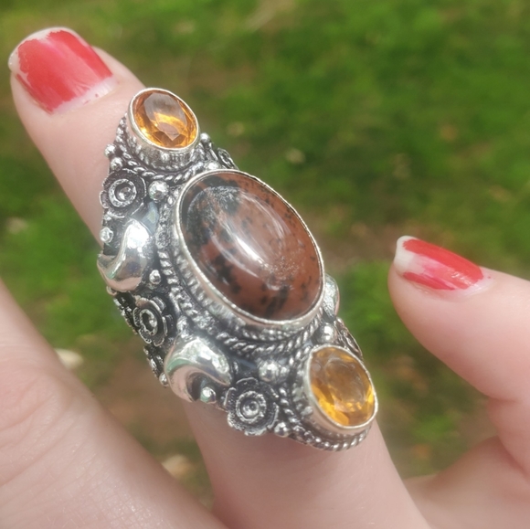 New Witchy Mahogany Obsidian & Citrine 925 Silver Statement Ring. - Picture 9 of 16